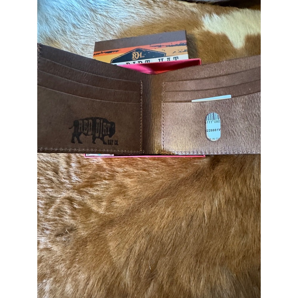 Red Dirt Hat Co Bifold Wallet Leather Southwest Aztec Canvas Inlay Bison Grain - Picture 2 of 3